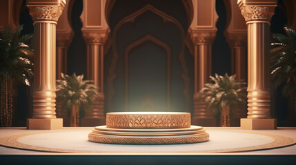 Fototapeta na wymiar Realistic 3d Islamic podium background with copy space area. Podium background with Islamic style, suitable for product promotion for Ramadan events or Islamic celebrations.