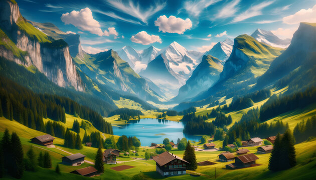 a beautiful mountain view in Switzerland. The image depicts a picturesque Swiss landscape with towering mountains, possibly the Swiss Alps, in the background