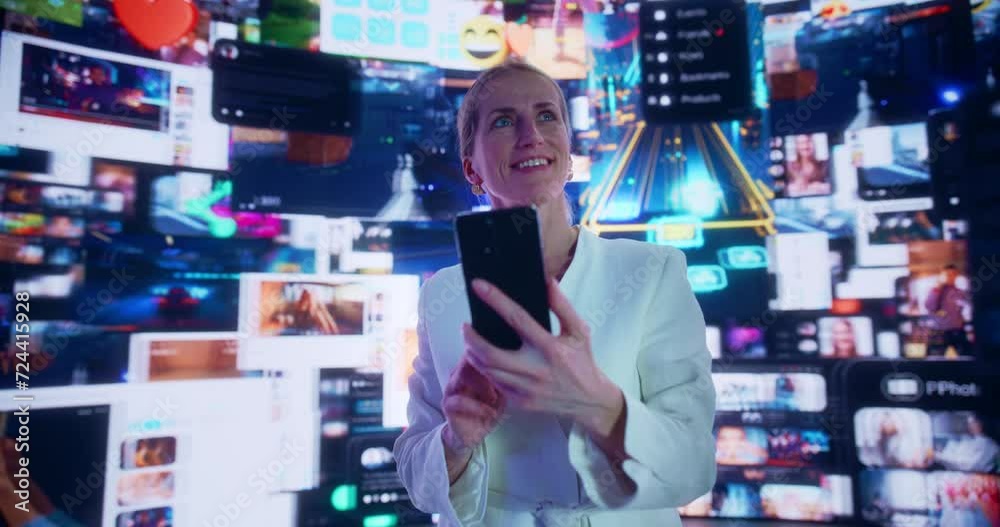 Poster portrait of caucasian woman using smartphone in 3d cyberspace with animated social media interfaces,