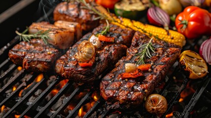 Delicious grilled meat with vegetables sizzling over burning coals on a barbecue on a dark background