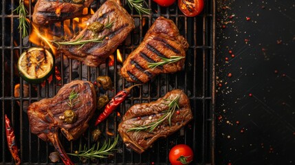 Delicious grilled meat with vegetables sizzling over burning coals on a barbecue on a dark background