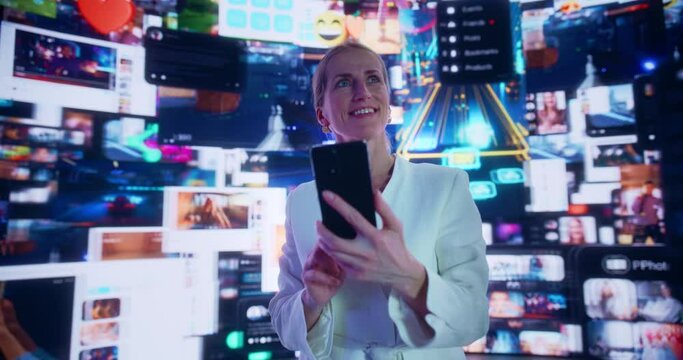 Portrait Of Caucasian Woman Using Smartphone in 3D Cyberspace With Animated Social Media Interfaces, Online Video Games, Viral Videos, Internet Content. Visualization Of Blockchain Technology Concept.