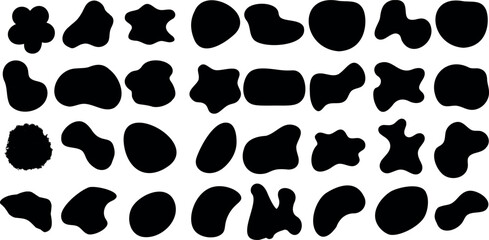 Fototapeta premium Black blotch shapes, abstract design elements on white background. Ideal for creative concepts, patterns, ink blots, stains, silhouettes, irregular forms