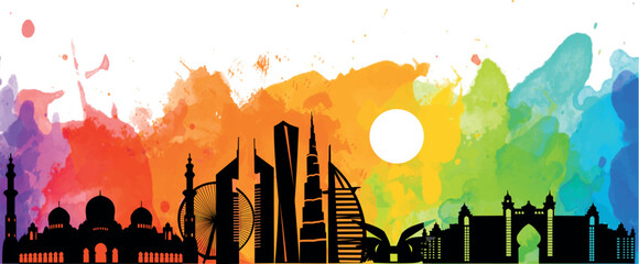 Dubai skyline - cityscape of towers and landmarks in watercolor style vector illustration. United Arab Emirates.
