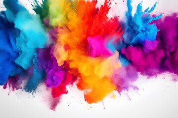 Colorful powder explosion on white background. Abstract pastel color dust particles splash, Holi hai concept