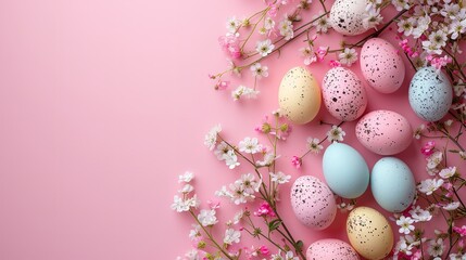 Fototapeta na wymiar An array of vibrant eggs adorned with apple blossoms on a soft pink backdrop and space, Generative AI.