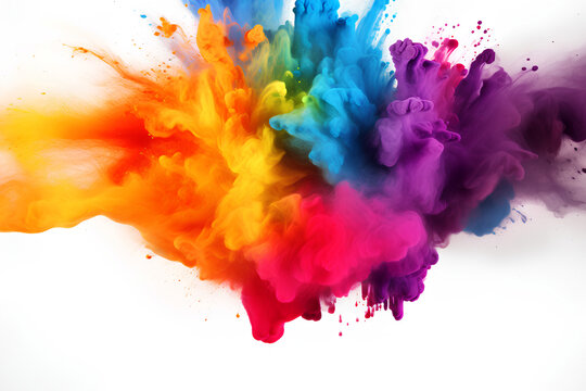 Colorful powder explosion on white background. Abstract pastel color dust particles splash, Holi hai concept