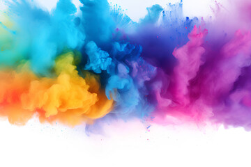 Colorful powder explosion on white background. Abstract pastel color dust particles splash, Holi hai concept