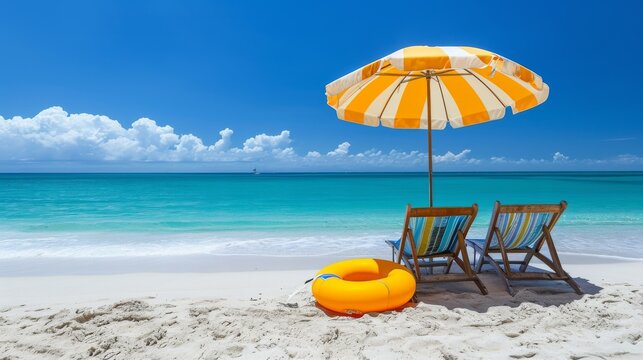 Beach umbrella chair, inflatable ring on beach sand