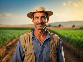 Naklejka na ściany i meble Portrait of a smiling farmer standing in his field looking at the camera