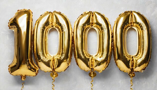 3d gold number 1000 , Helium balloons, Number 1000 one thousand made of golden inflatable balloons isolated on white, gold foil numbers. Background Party decoration,gold rings on white