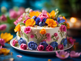 Flower cake, flowers, food photography, beautiful, delicious food, recipe photography, realistic, natural light, colorful, food art, object photography, still life food photography, ultra hd, bokeh, 
