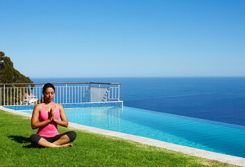 Meditation, yoga and woman on grass by pool for holistic fitness, mindfulness and breathing...