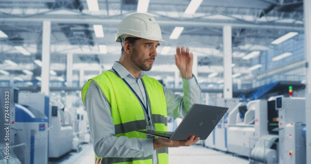 Poster portrait of a caucasian male engineer standing in factory hall, using laptop computer at a machinery
