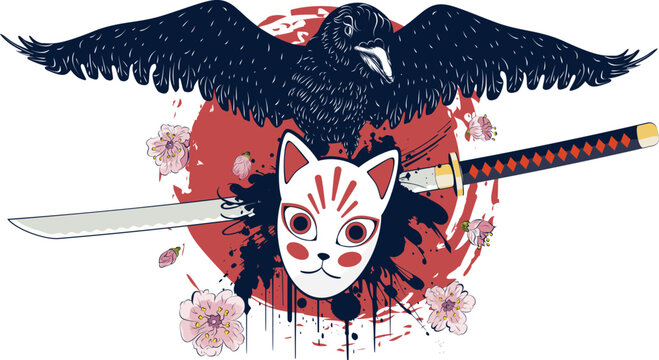 Crow, kitsune mask and katana