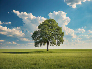 Big tree on a green meadow under blue sky with white clouds