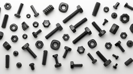 Obraz premium Screws, nuts, cogs, bolts pattern on a white background.