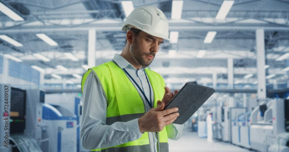 Aufkleber portrait of a caucasian male engineer standing in factory hall, using tablet computer at a machinery