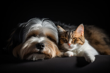 Calico cat sleeping next to a llhasa apso