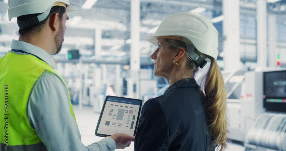 Aufkleber caucasian male engineer using tablet and talking to female industrial technician at autonomous assem