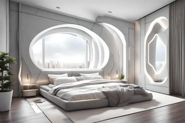 stylish bright modern bedroom interior with decorative niches with LED lighting and a huge panoramic window in gray and white colors and geometric shapes