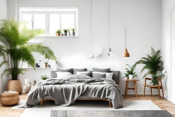 Grey chair against white wall in spacious colorful bedroom with ferns and lamps above bed