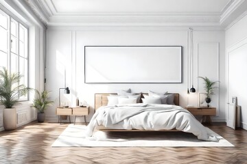 White wall bedroom or a luxury hotel room interior with a wooden floor, a king size bed and a vertical framed poster. 3d rendering mock up