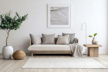 Modern white living room interior with couch sofa, wooden furniture, with art decoration, carpet on wood floor and home decorations. Minimalistic contemporary interior design