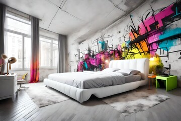 MODERN WHITE BEDROOM, URBAN GRAFITTI ON WALLS, NEON COLORS BED, STYLISH INTERIOR