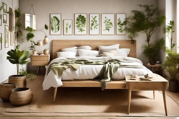 Natural colored bedroom with delicate furniture and botanical prints