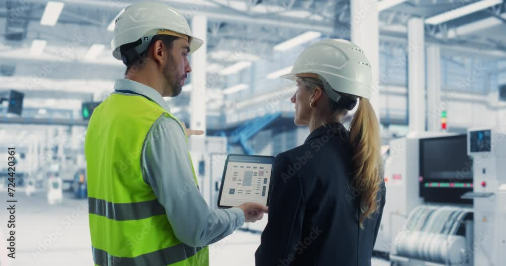Poster Caucasian Male Process Engineer Using Tablet And Talking To Female Supervisor At Autonomous Assembly Line At Modern Electronics Factory. Colleagues Wearing Hardhats, Discussing New Complex Projects.