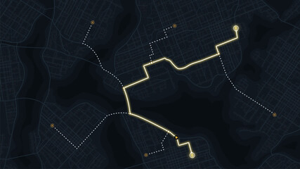 City map featuring directional signs, an intended goal point, and multiple markers. An abstract navigation plan highlights including city streets, blocks. Editable vector illustration
