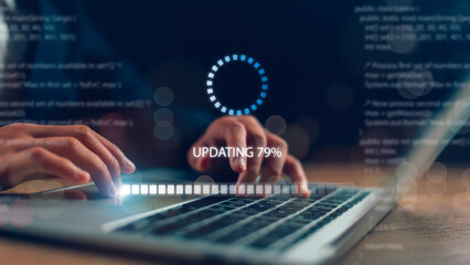 Update the software and install a new version system on the computer. The upgrade program, Business technology internet loading bar with installing the update for the quality better. - obrazy, fototapety, plakaty