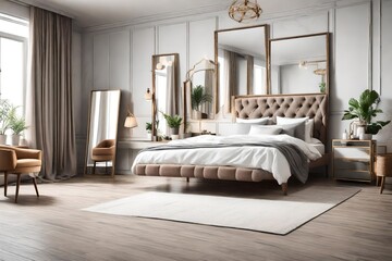 Interior of stylish room with big bed and mirror