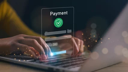 Fotobehang Online payment with digital marketing, Smartphone with banking online bill payment Approved concept button, credit card and network connection icon on business technology virtual screen background © FAMILY STOCK