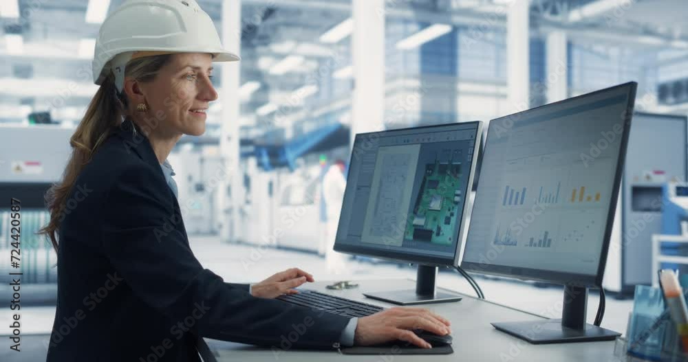 Poster Caucasian Female Industrial Engineer Developing 3D Model of a Circuit Motherboard on Computer CAD Software In Electronics Factory Office. Modern Technological Research and Development Center.