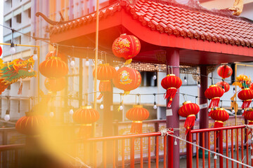 A group of red Chinese lanterns and Dragon God bulbs are displayed during the Chinese New Year...