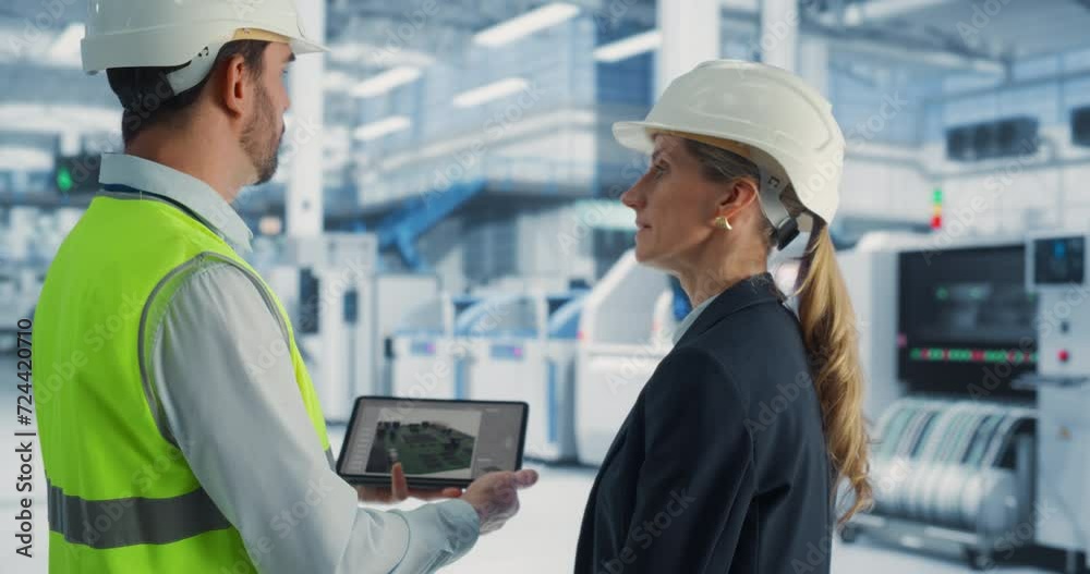 Fototapete Caucasian Female Manager And Male Engineer Using Tablet Computer With Microchip Blueprints at Automated Electronics Factory. Colleagues Discussing Production Of Microprocessors for High-Tech Devices.