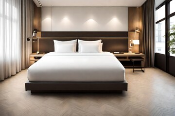 Hotel  bed room in modern minimalistic design.