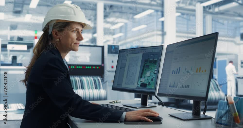 Aufkleber modern electronics factory: engineer works on desktop computer with cad software. caucasian female s