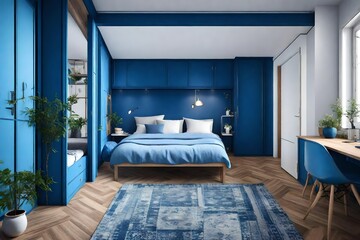 Modern apartment interior design in blue colours, small and cozy bed room with kitchen Portuguese style