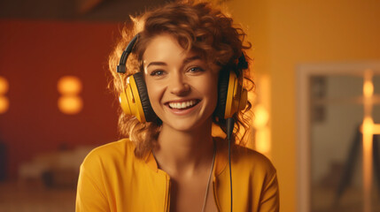 Fototapeta premium Video Game Developer Women with Smile with equipment in the night building room. Happy Smily girl face with headphone