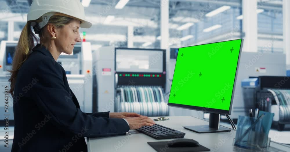 Poster Female Caucasian Software Developer Working on a Desktop Computer with Green Screen Chromakey On Display At An Electronics Factory. Technological Research and Development Office Monitoring Production.