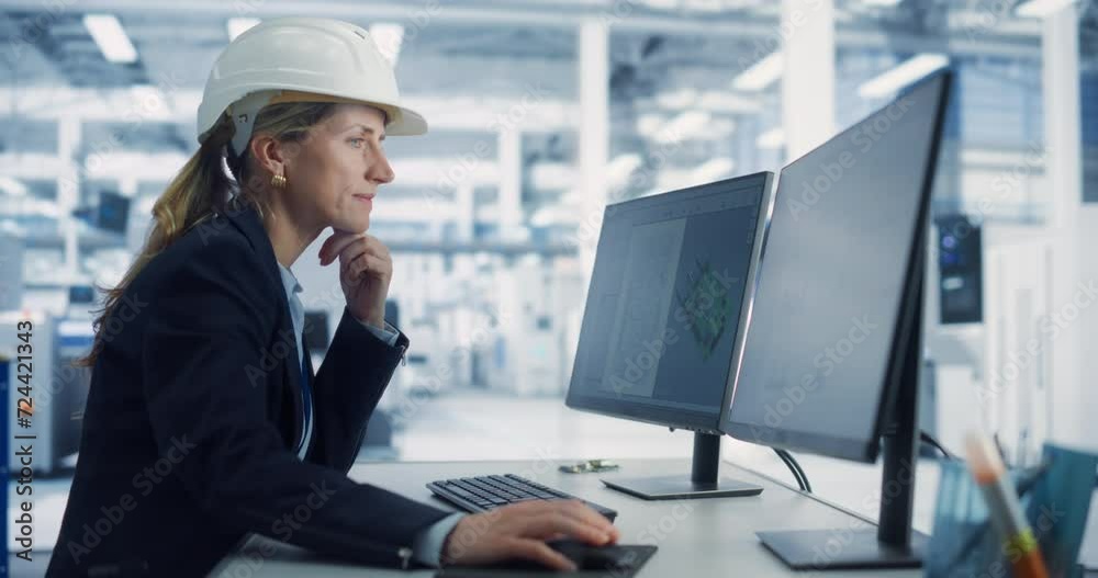 Aufkleber Caucasian Female Industrial Engineer Developing 3D Model of a Circuit Motherboard on Computer CAD Software At an Electronics Factory. Modern Technological Research and Development Center. Slow Motion
