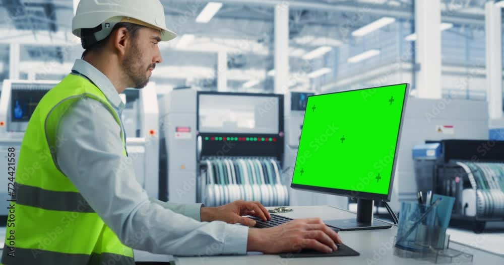 Poster Caucasian Male Industrial Engineer In Hardhat Working on a Desktop Computer with Green Screen Chromakey on Display at an Electronics Factory Facility. Technological Research and Development Center.