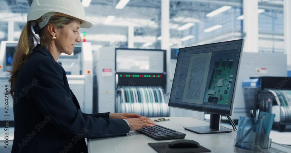 Poster electronics factory office: portrait of caucasian female engineer wearing hardhat and working on des