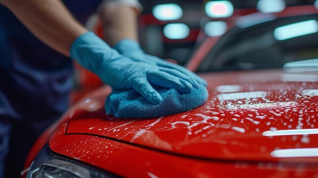 Close-up of a man using a self-service car wash facility to clean his red car with micro fiber cloth, Generative AI.