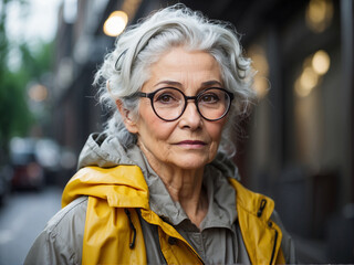portrait of a senior woman in eyeglasses looking at camera in the city