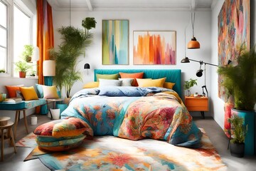 Creatively decorated bright bedroom with colorful bed