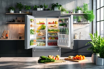 Photorealistic image showcasing an opened kitchen fridge - obrazy, fototapety, plakaty